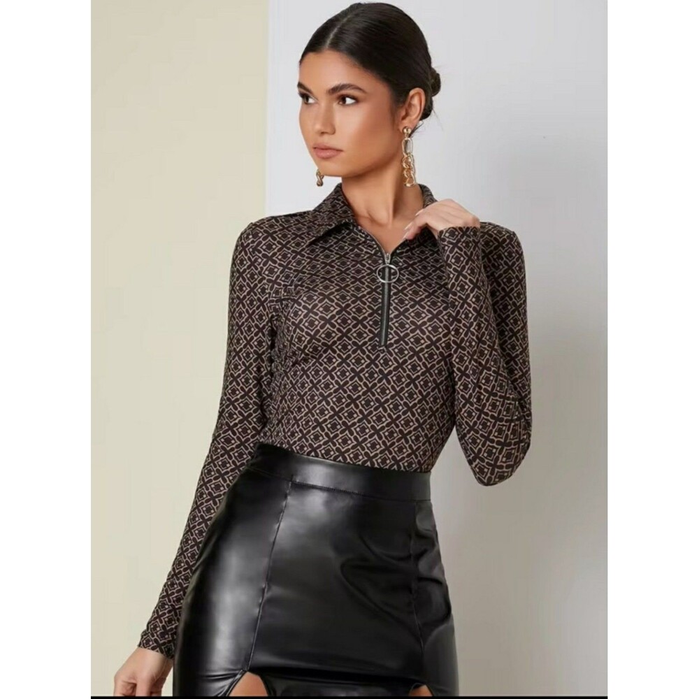 SHEIN Privé Allover Print Collared Half Zipper Front Top Sz L #A1